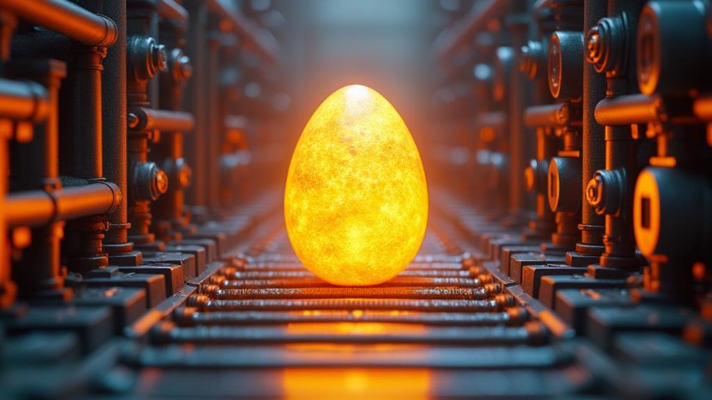 A glowing egg on a conveyor belt in a futuristic industrial setting.